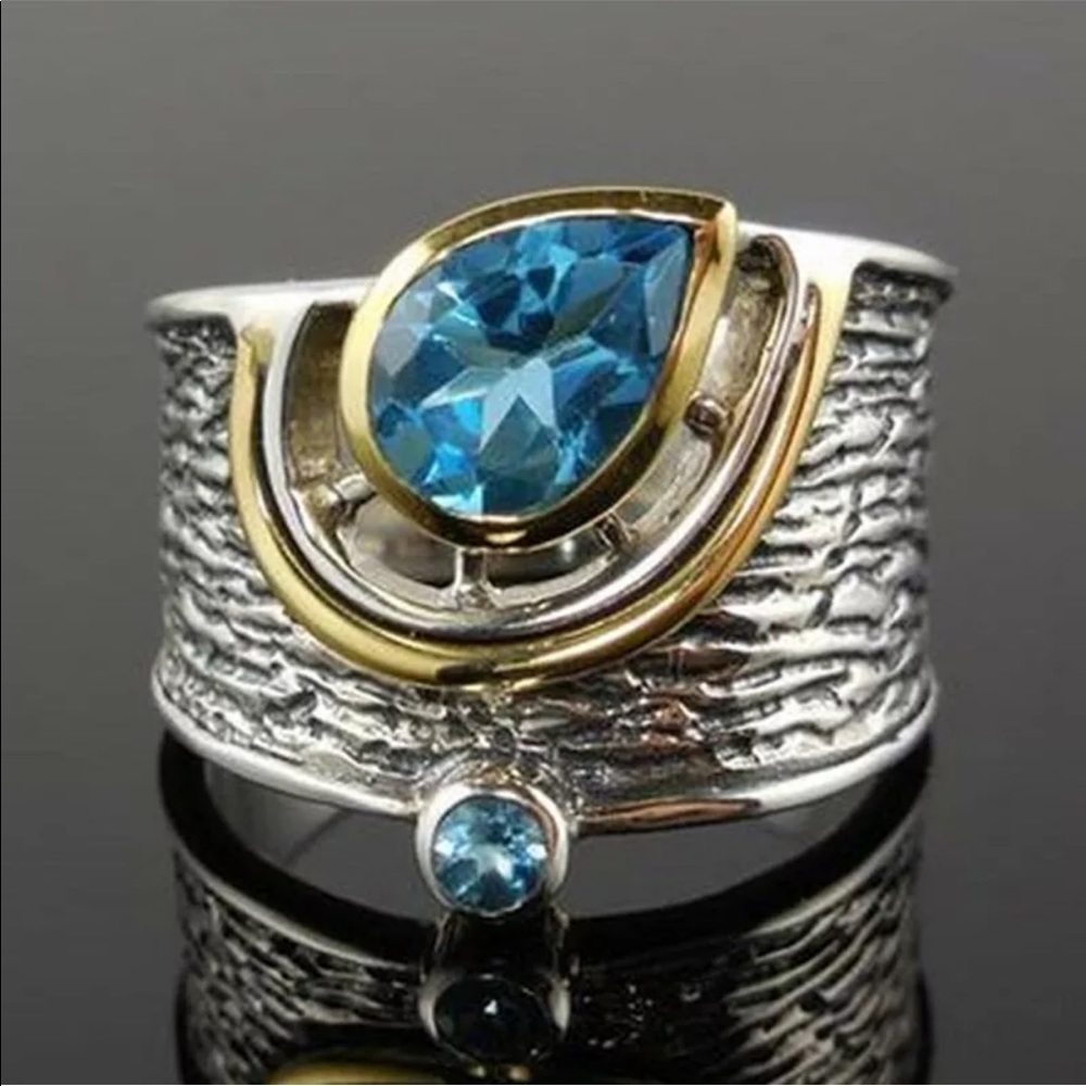 Blue gold silver three tone ring